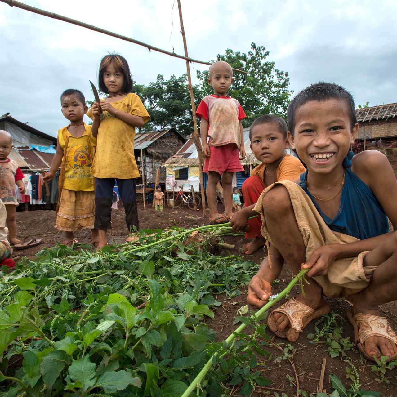 Young children outside surround a small garden in a settlement for migrant workers.